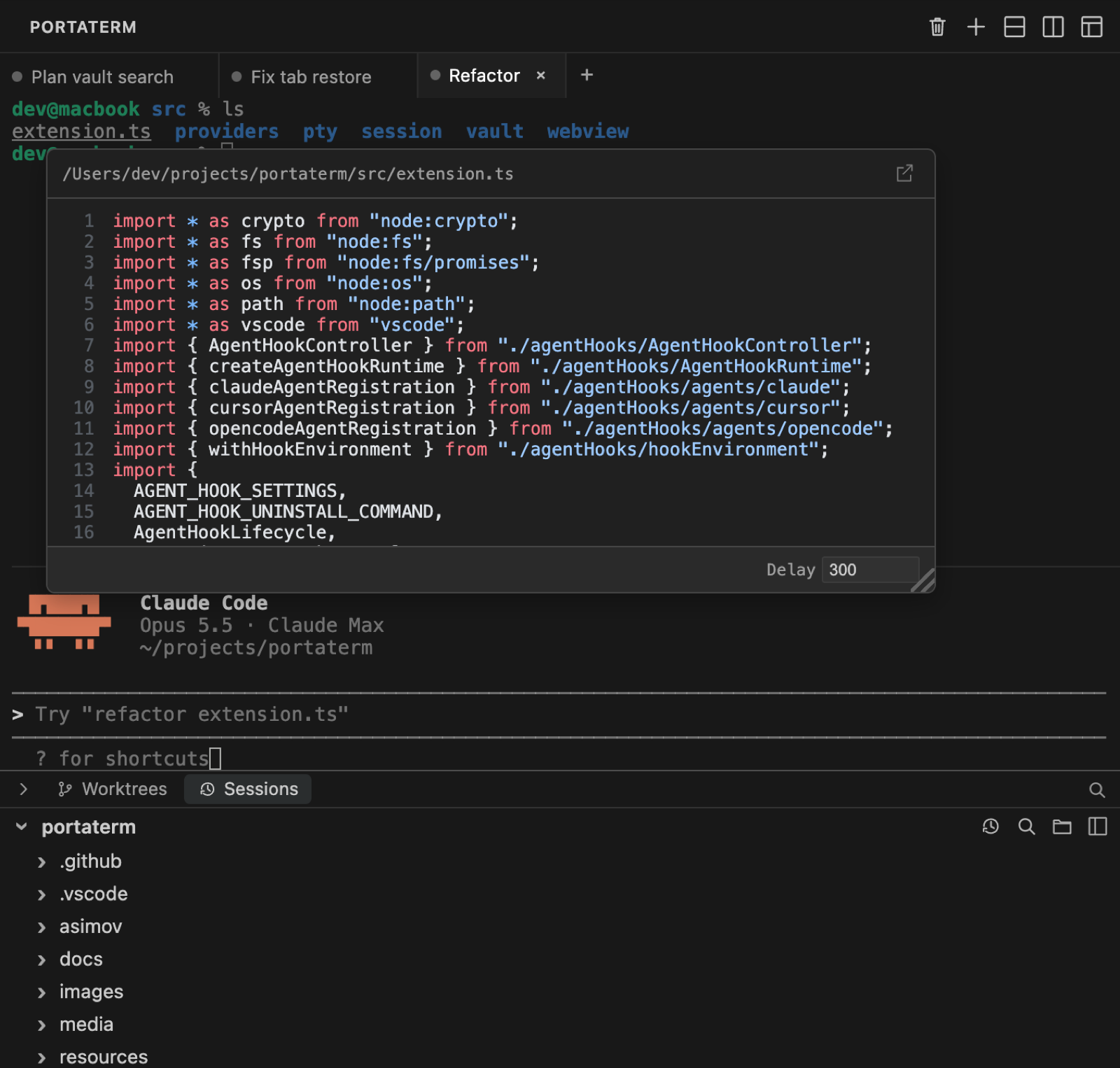 Portaterm in a VS Code sidebar: three terminal tabs, a hover preview of a source file opened from a path in the terminal output, and the embedded file tree below.