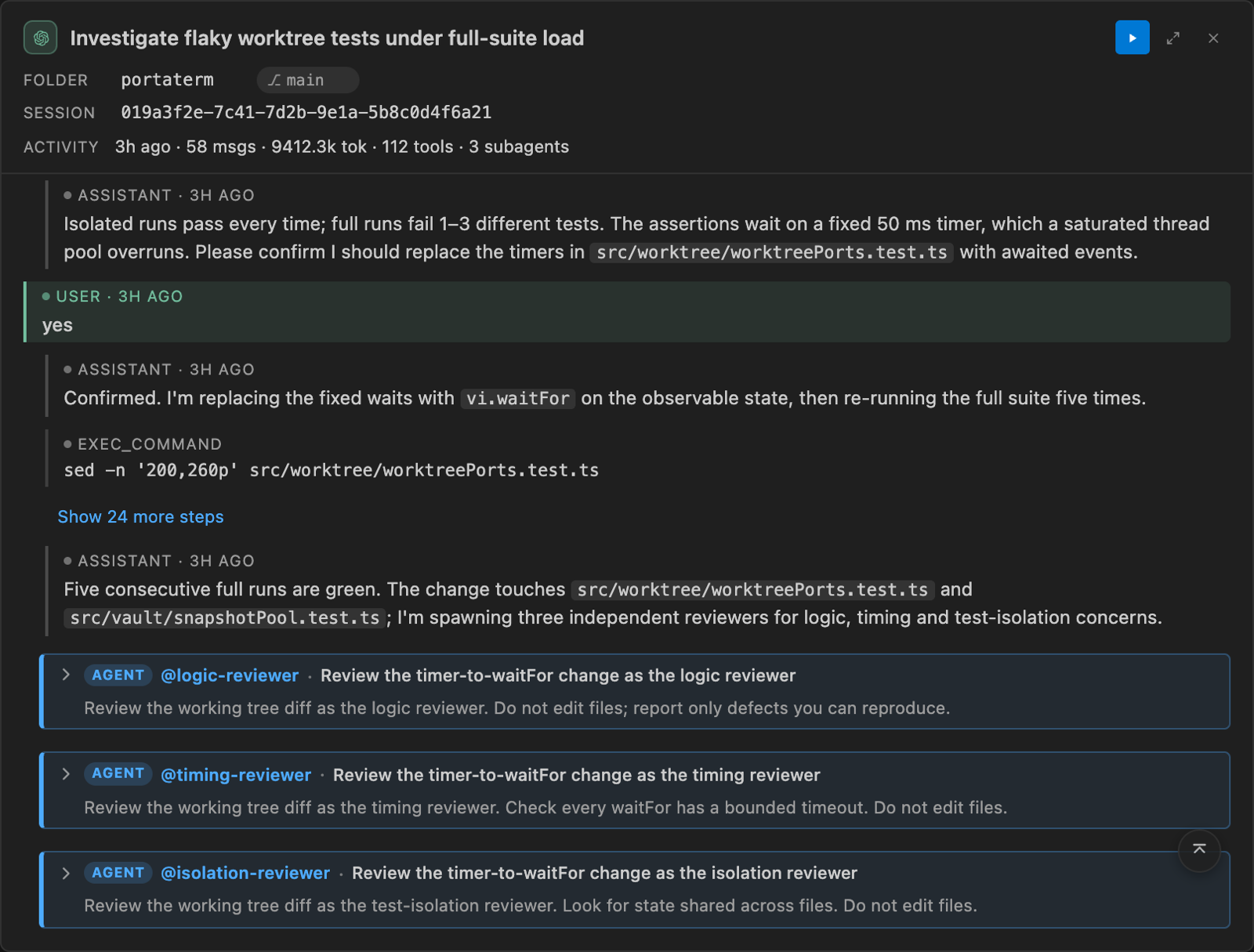 A floating session preview showing a conversation's first prompt, a timeline of tool steps, and message, token, and tool counts.